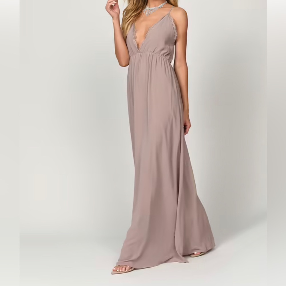 Abegayle Plunging Maxi Dress (Taupe) with lace trim double crossed back